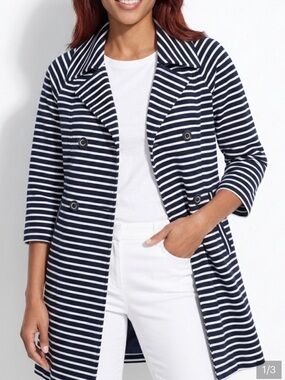 CAbi Navy & White Striped Double-Breasted Pea Coat Sz M